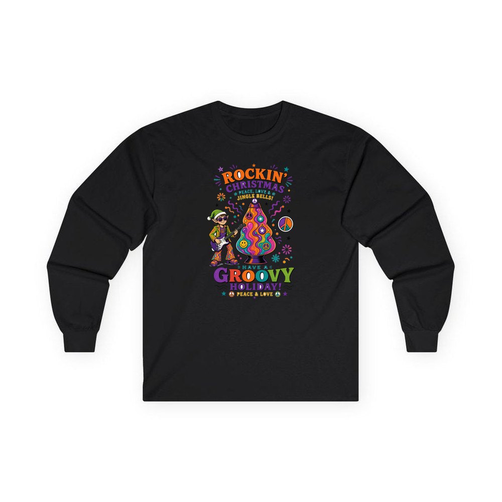 Groovy Rocking Christmas Elf personalised long sleeve Christmas T-shirt in black
