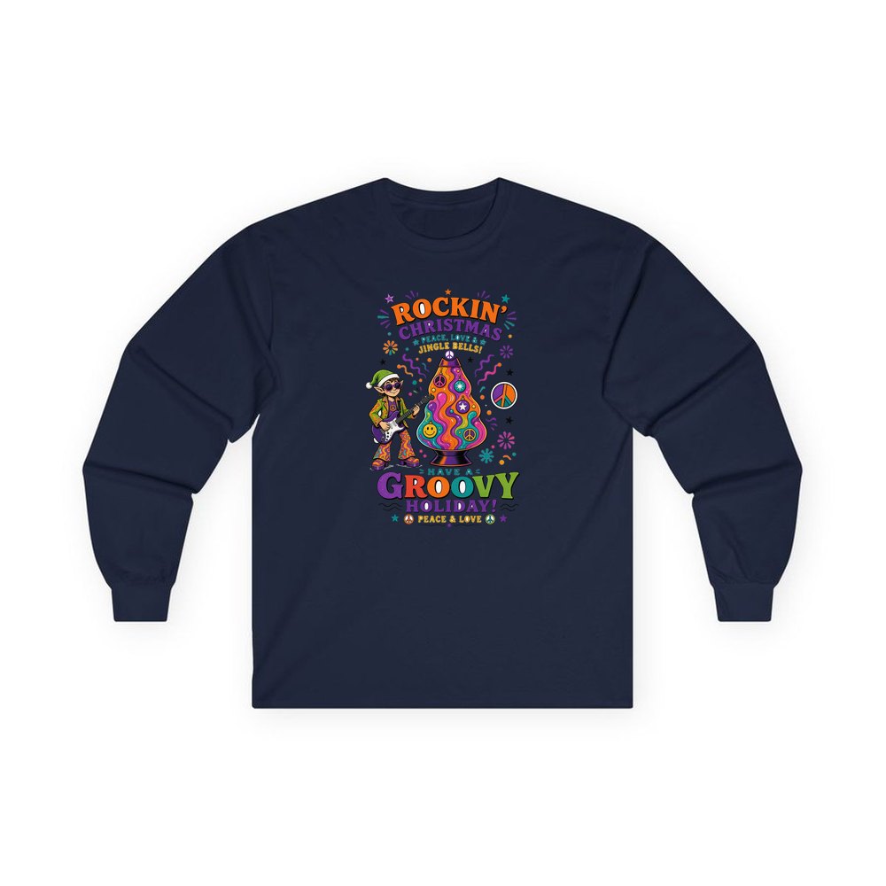 Groovy Rocking Christmas Elf personalised long sleeve Christmas T-shirt in navy