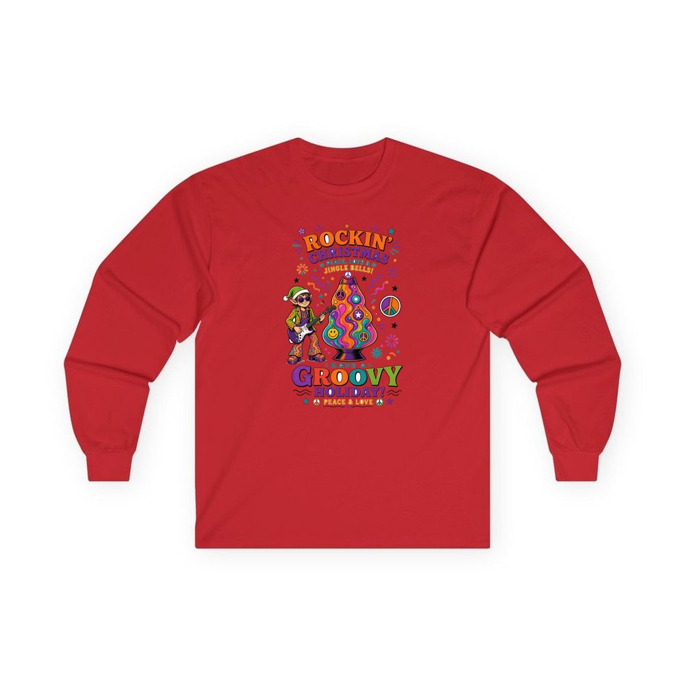 Groovy Rocking Christmas Elf personalised long sleeve Christmas T-shirt in red