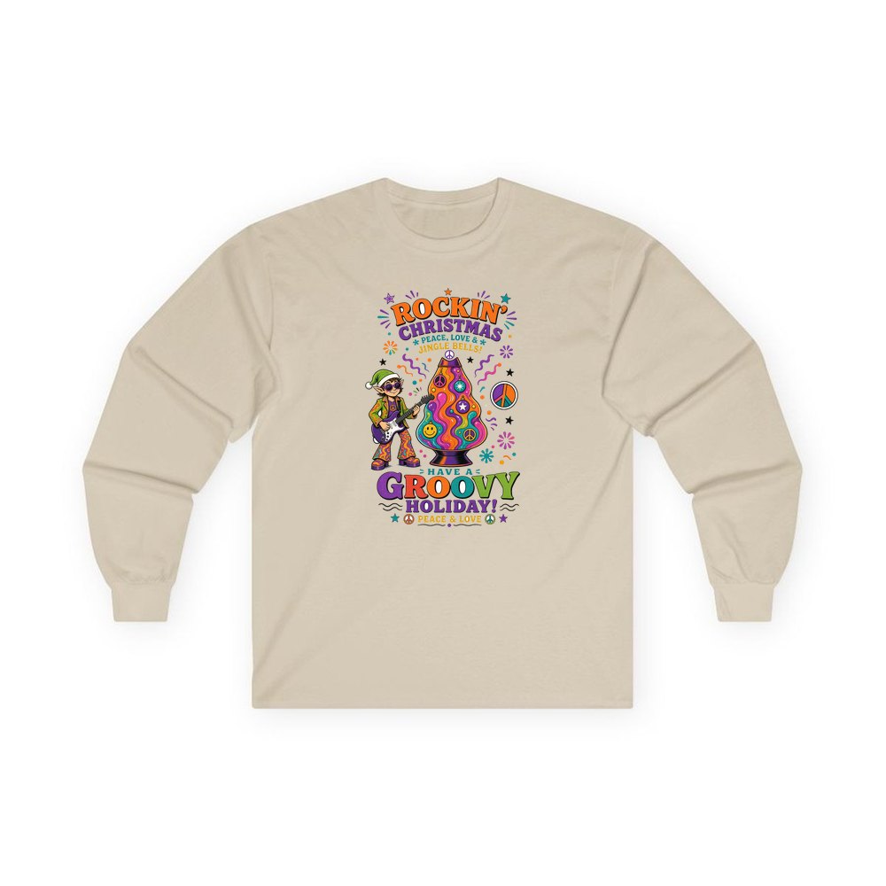 Groovy Rocking Christmas Elf personalised long sleeve Christmas T-shirt in sand