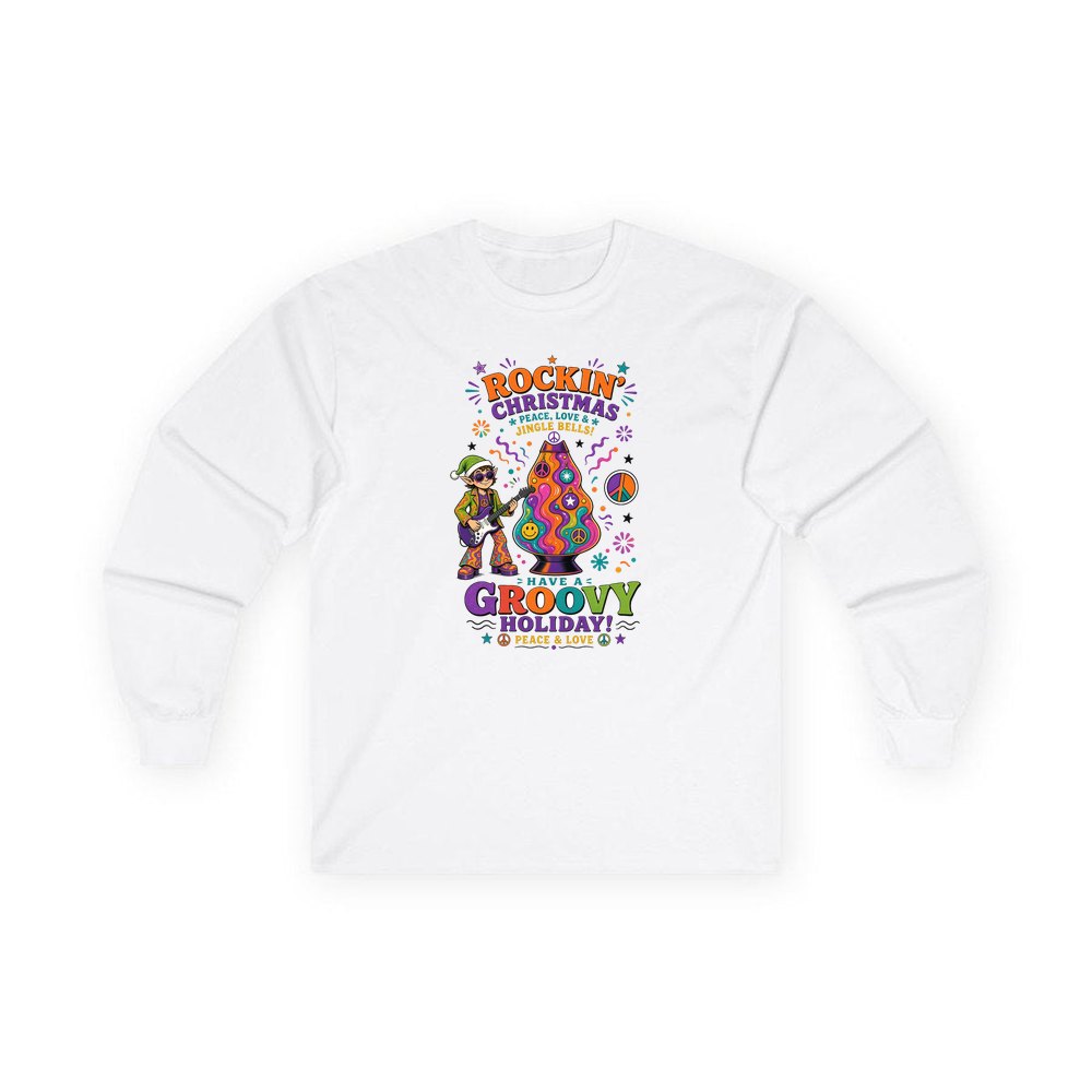 Groovy Rocking Christmas Elf personalised long sleeve Christmas T-shirt in white