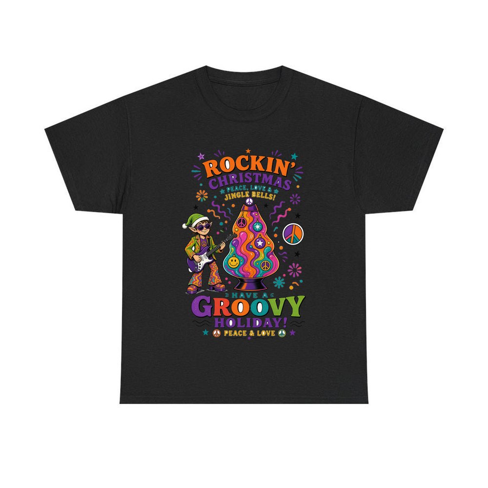 Groovy Rocking Christmas Elf personalised Christmas T-shirt in black