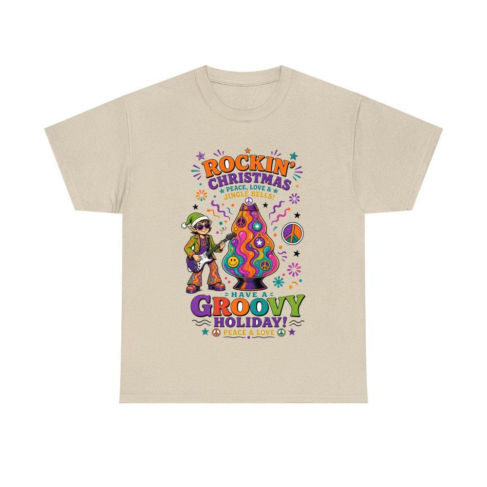 Groovy Rocking Christmas Elf personalised Christmas T-shirt in sand
