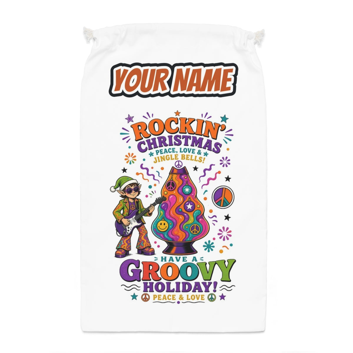 Groovy Rocking Christmas Elf Santa sack laid flat, showing the full print