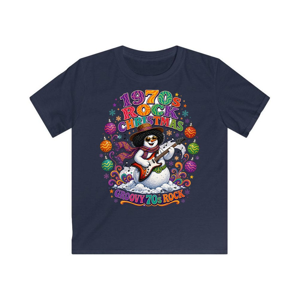 Groovy Seventies Guitar Snowman personalised kids Christmas tee in navy