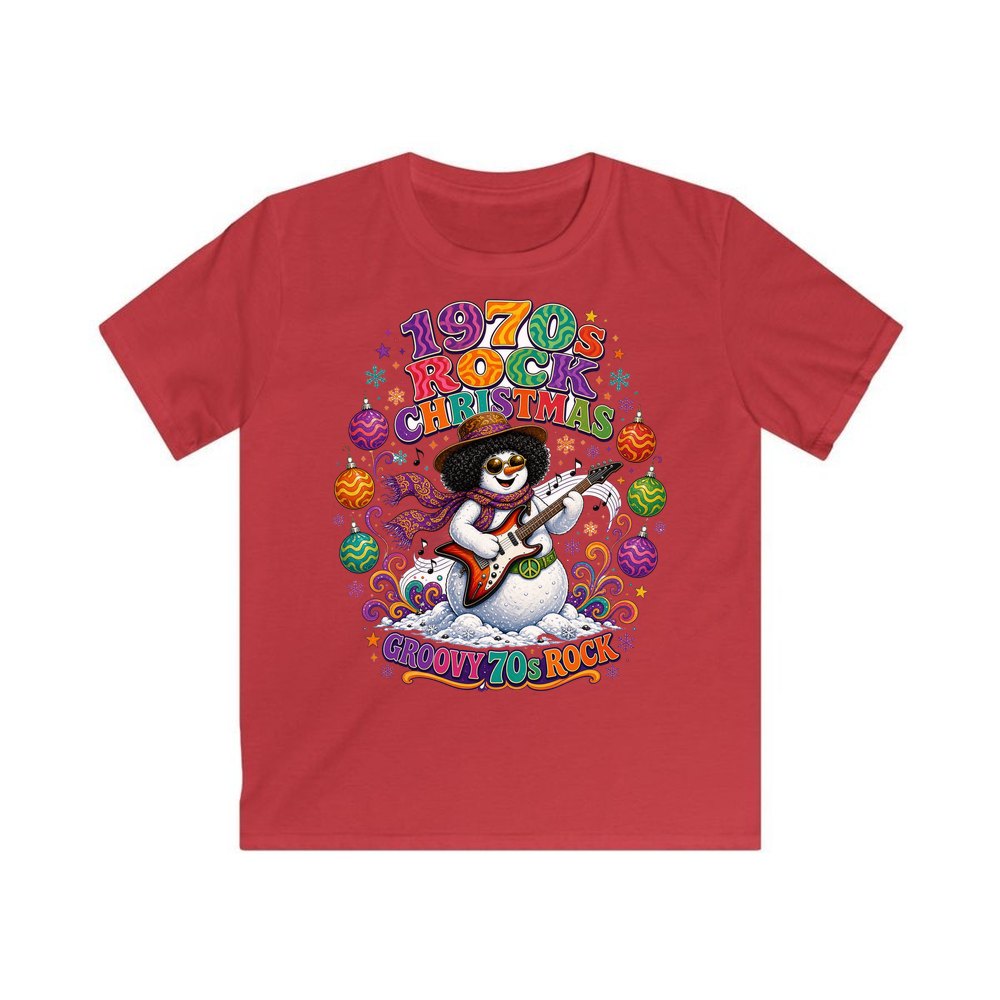Groovy Seventies Guitar Snowman personalised kids Christmas tee in red