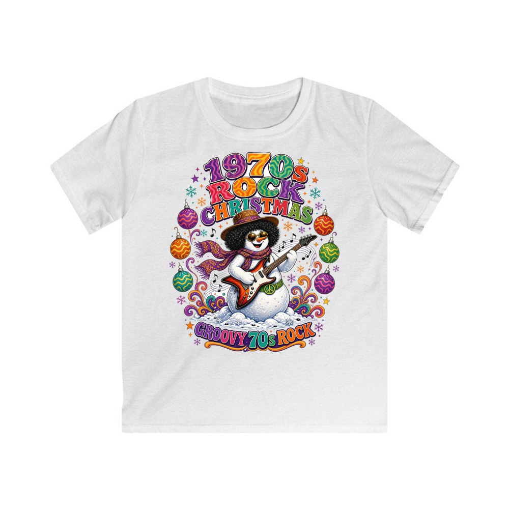 Groovy Seventies Guitar Snowman personalised kids Christmas tee in white