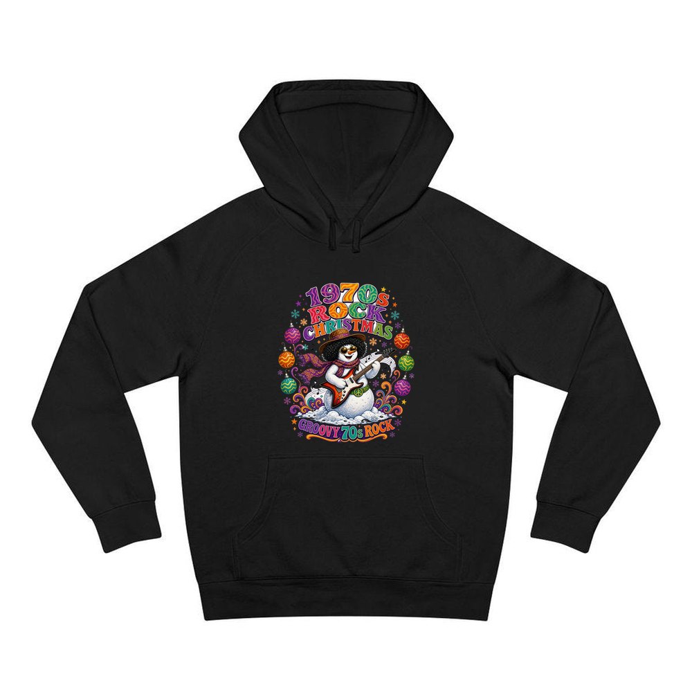 Groovy Seventies Guitar Snowman personalised Christmas hoodie in black