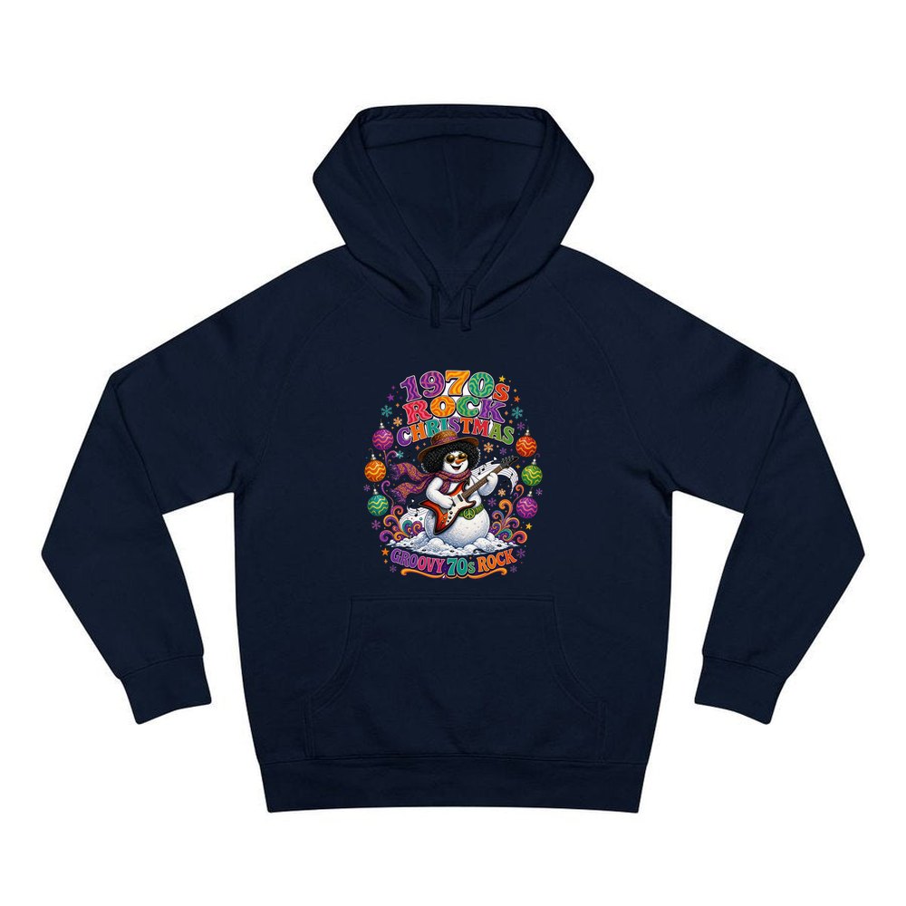 Groovy Seventies Guitar Snowman personalised Christmas hoodie in navy