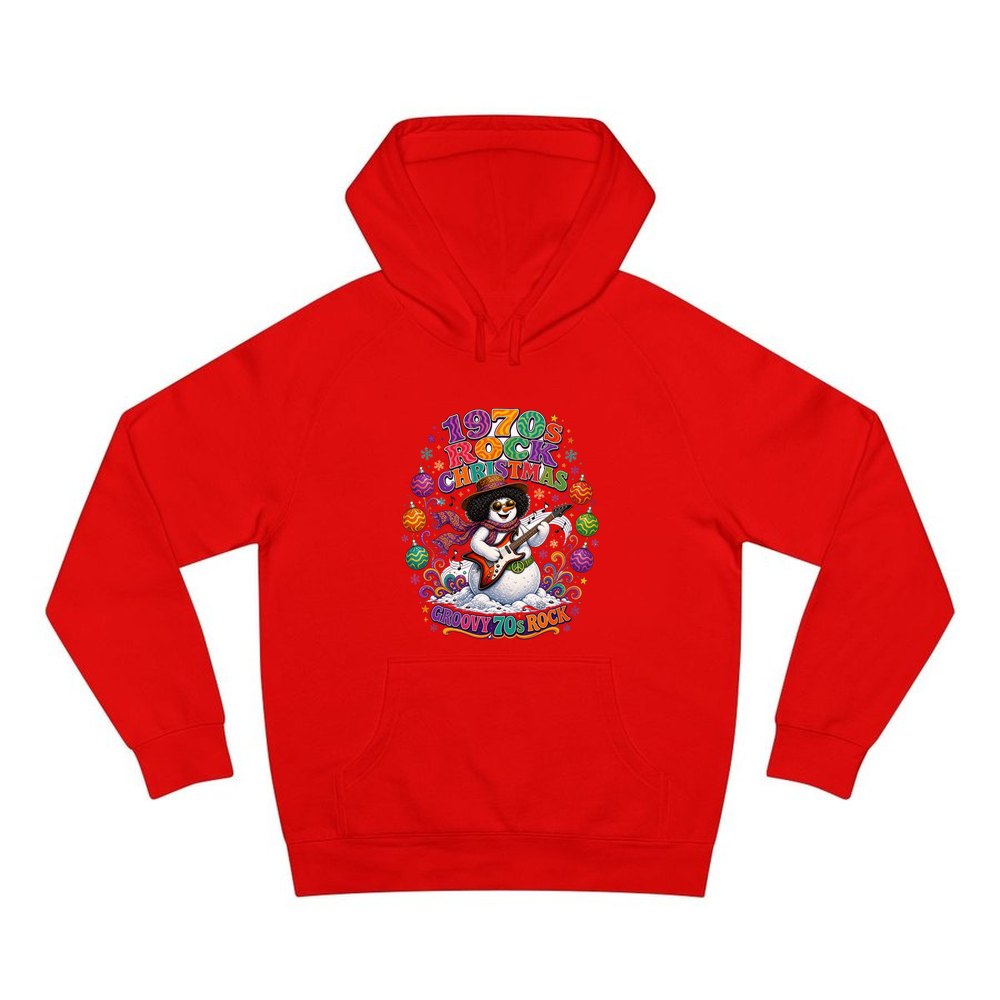 Groovy Seventies Guitar Snowman personalised Christmas hoodie in red