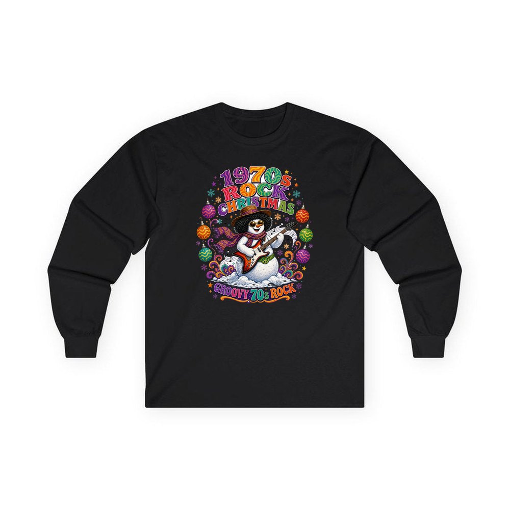 Groovy Seventies Guitar Snowman personalised long sleeve Christmas T-shirt in black
