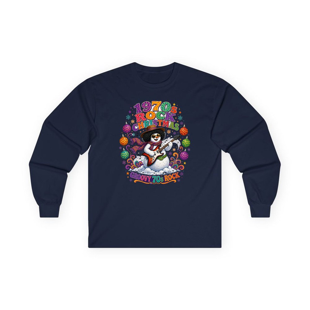 Groovy Seventies Guitar Snowman personalised long sleeve Christmas T-shirt in navy