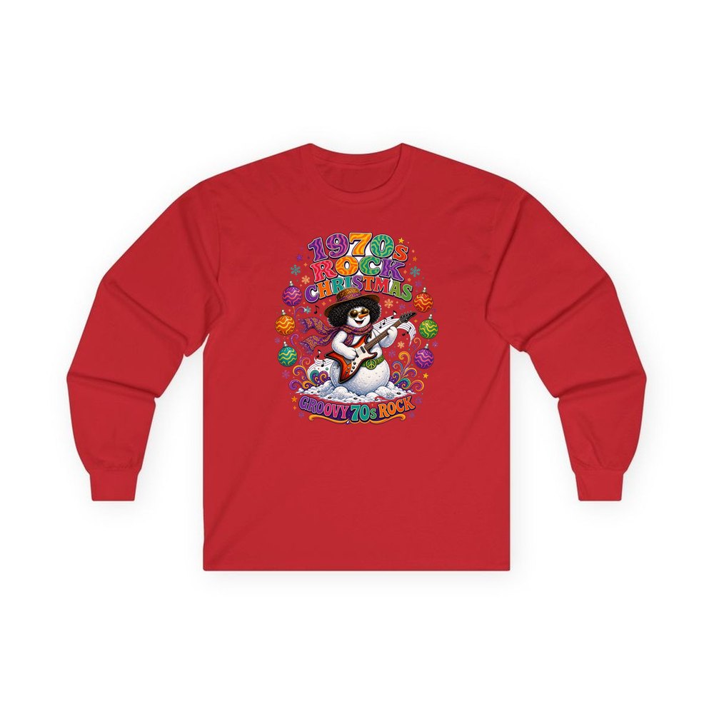 Groovy Seventies Guitar Snowman personalised long sleeve Christmas T-shirt in red