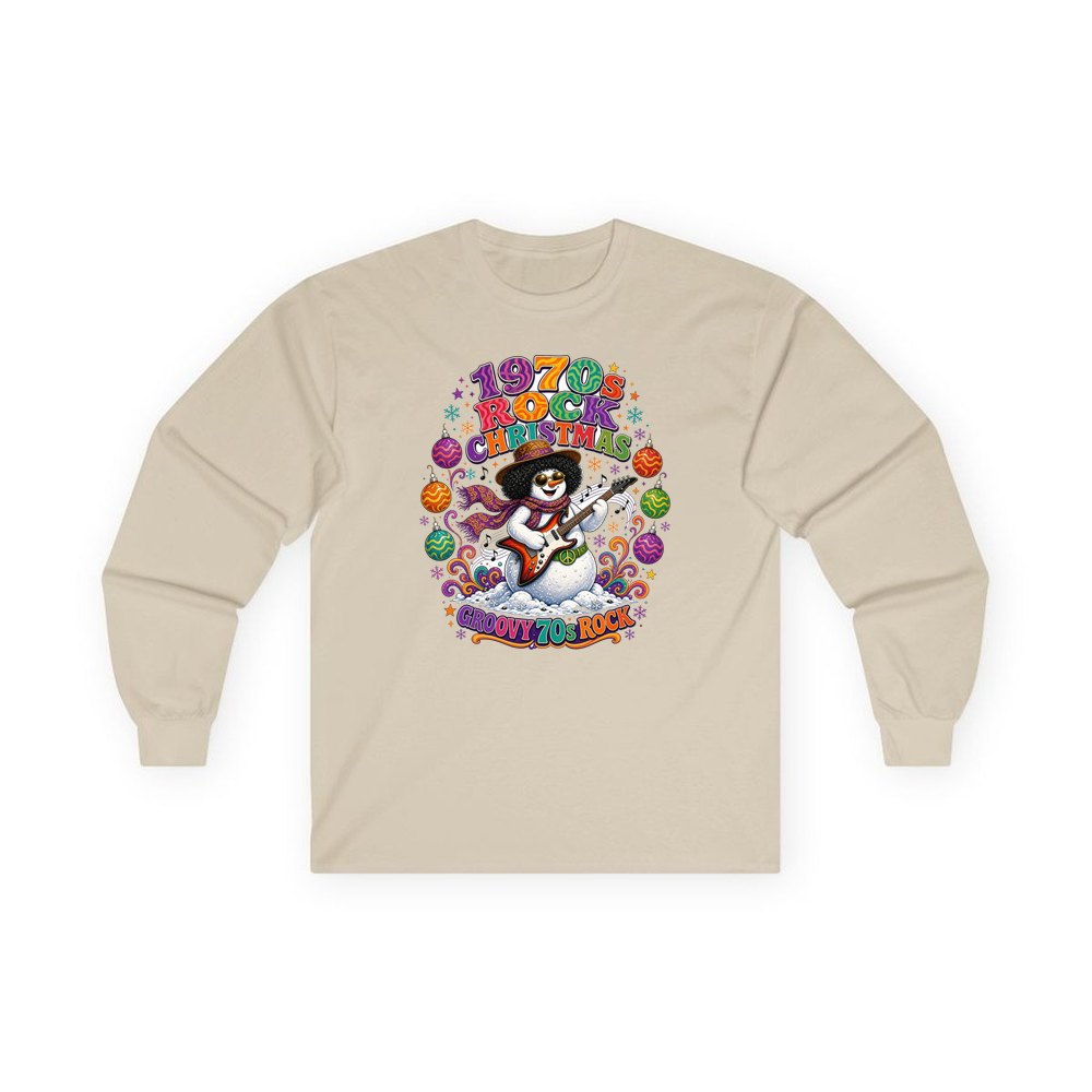 Groovy Seventies Guitar Snowman personalised long sleeve Christmas T-shirt in sand