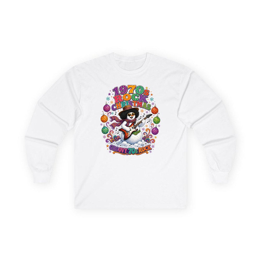 Groovy Seventies Guitar Snowman personalised long sleeve Christmas T-shirt in white