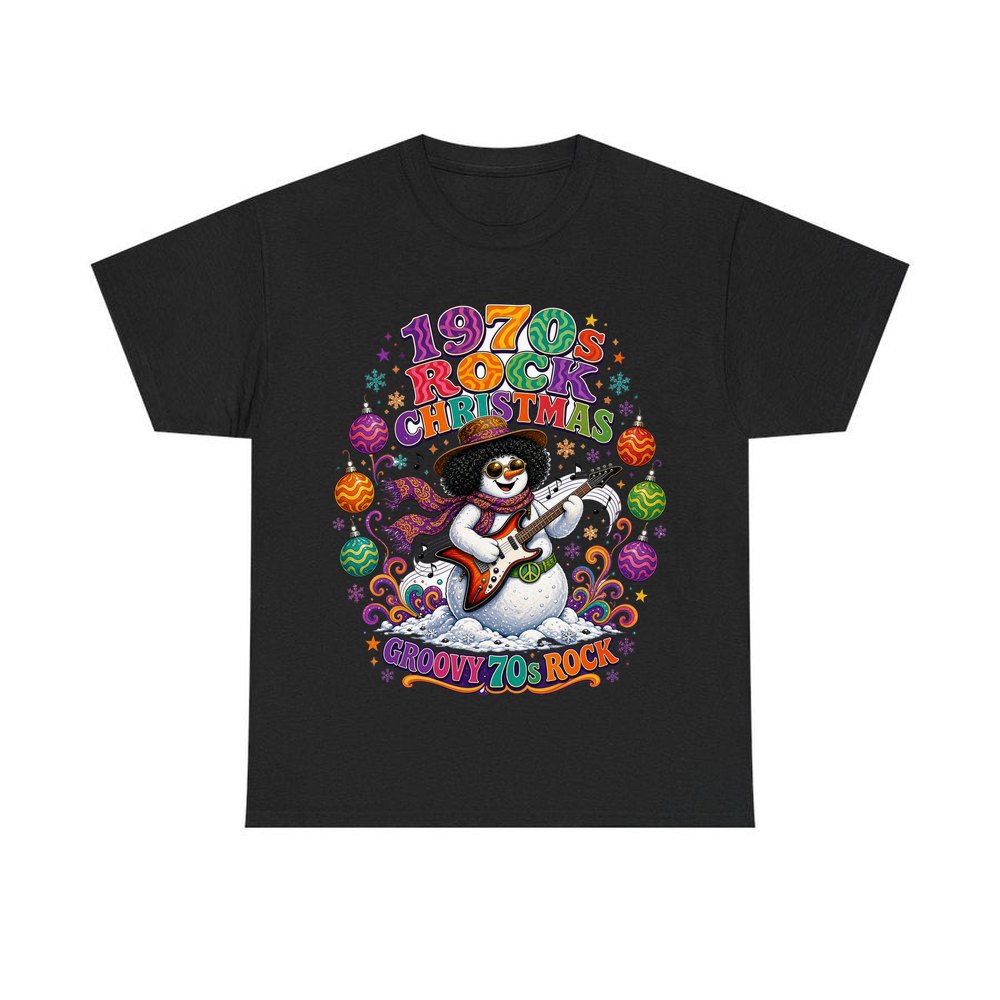 Groovy Seventies Guitar Snowman personalised Christmas T-shirt in black