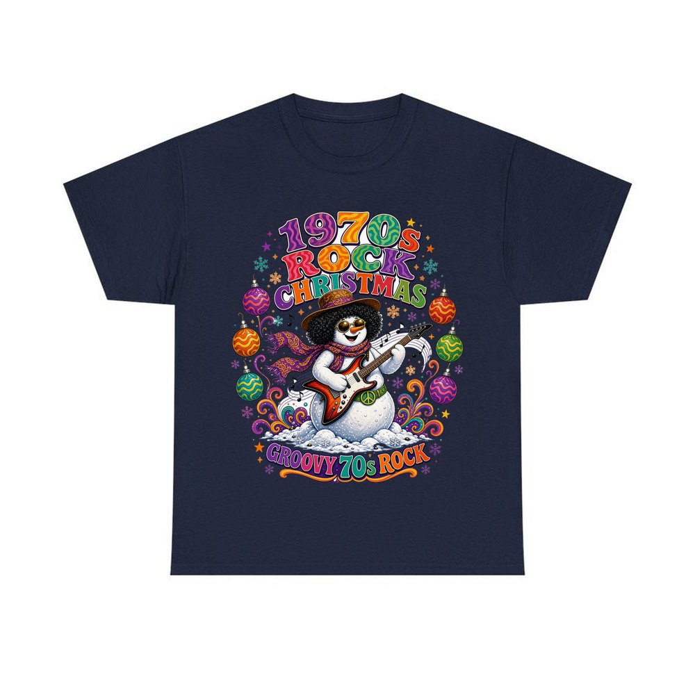 Groovy Seventies Guitar Snowman personalised Christmas T-shirt in navy