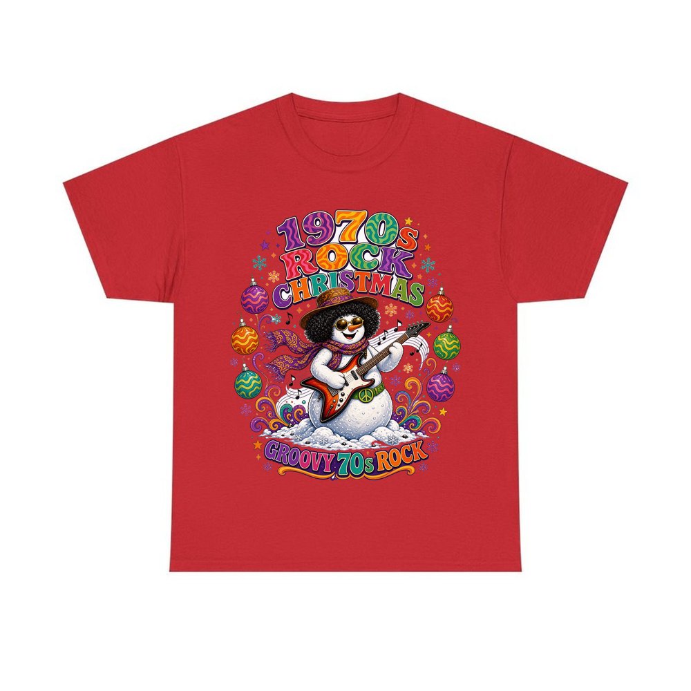 Groovy Seventies Guitar Snowman personalised Christmas T-shirt in red