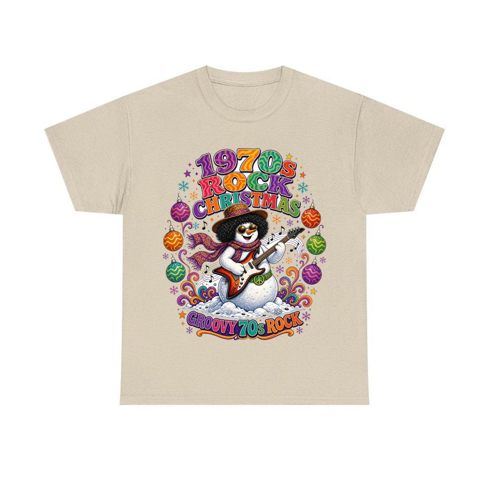Groovy Seventies Guitar Snowman personalised Christmas T-shirt in sand