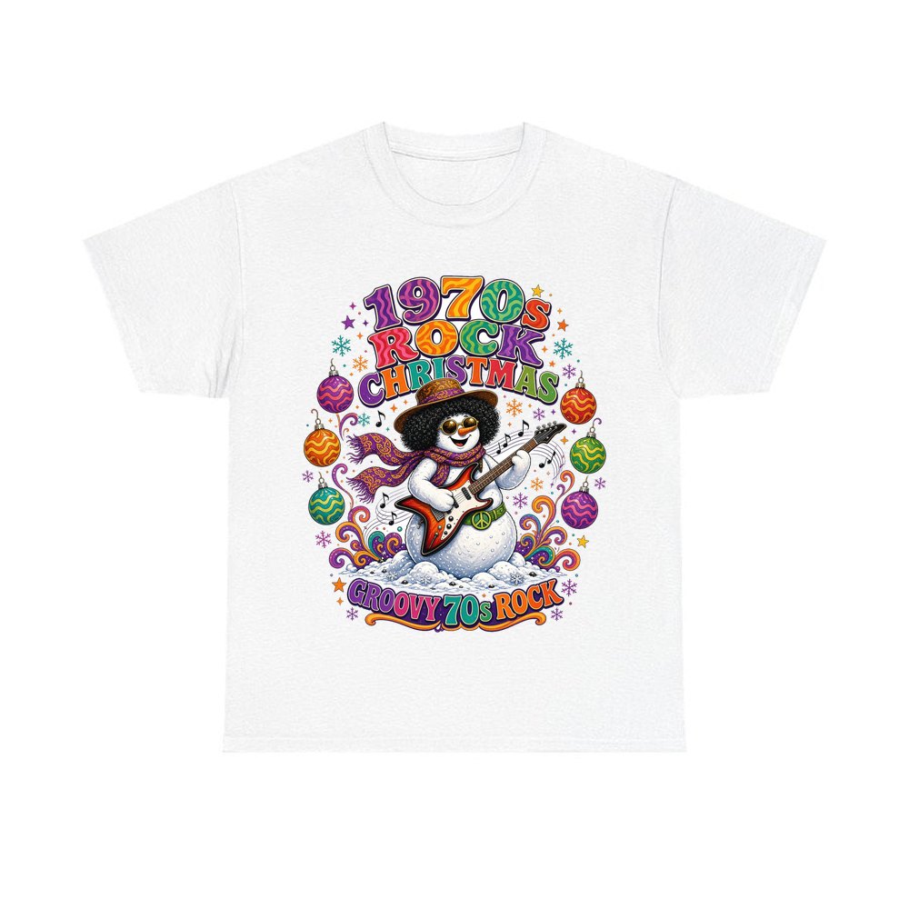 Groovy Seventies Guitar Snowman personalised Christmas T-shirt in white