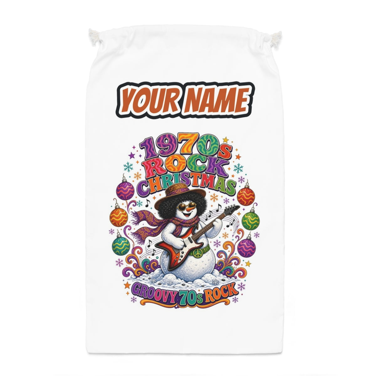 Groovy Seventies Guitar Snowman Santa sack laid flat, showing the full print