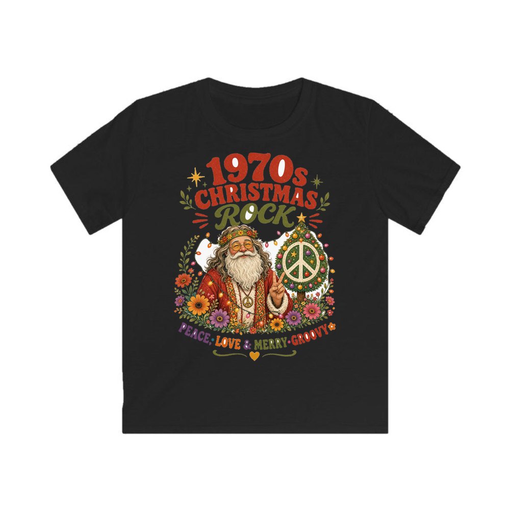 Groovy Seventies Hippie Santa personalised kids Christmas tee in black