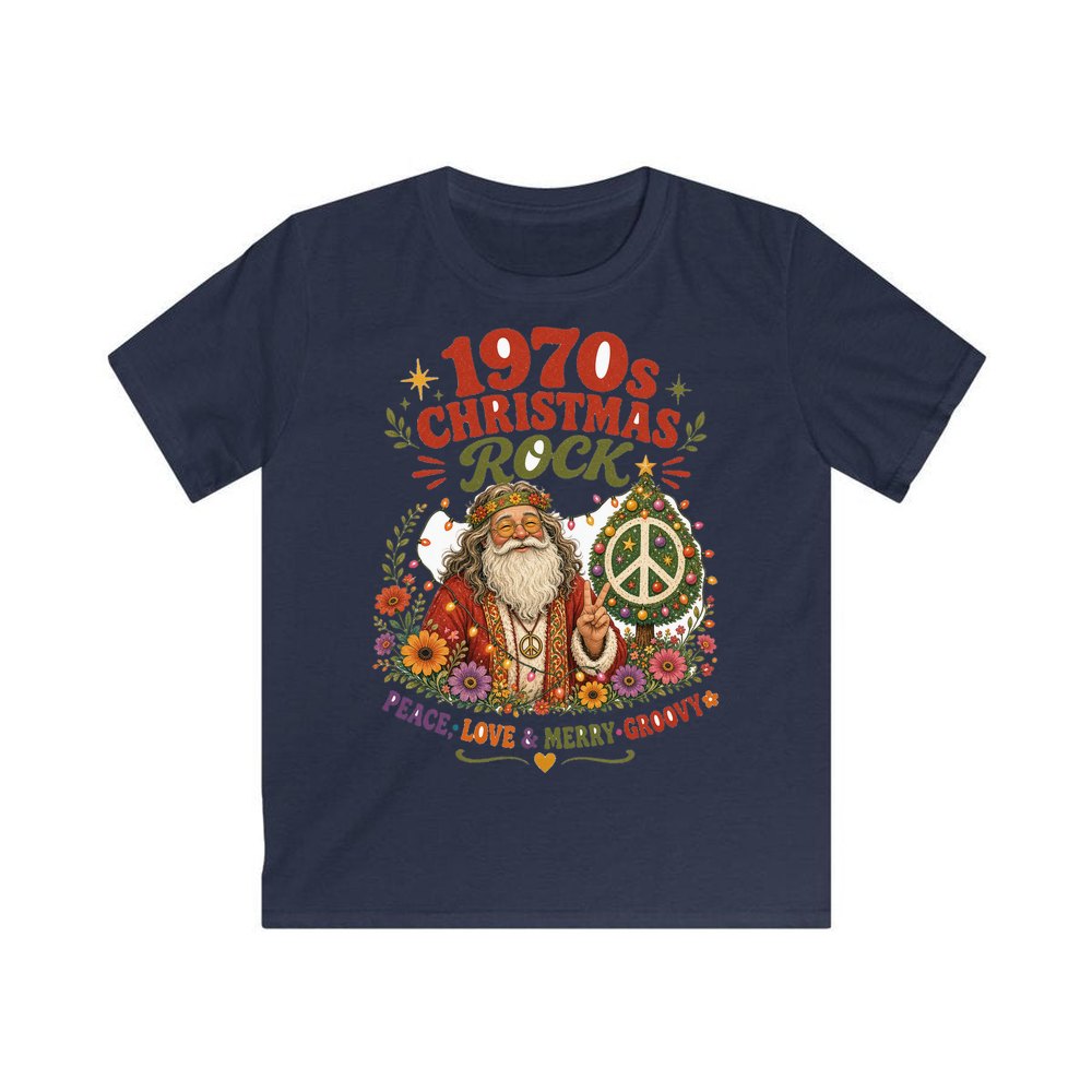 Groovy Seventies Hippie Santa personalised kids Christmas tee in navy