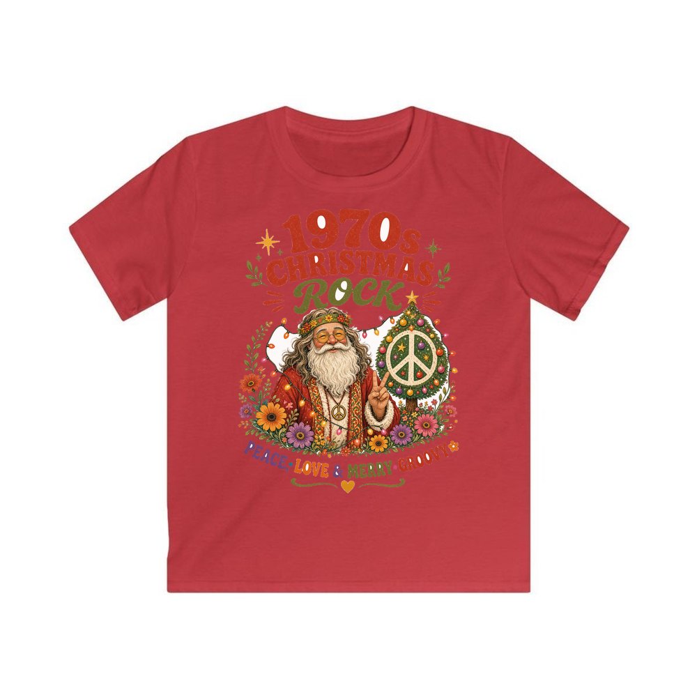 Groovy Seventies Hippie Santa personalised kids Christmas tee in red