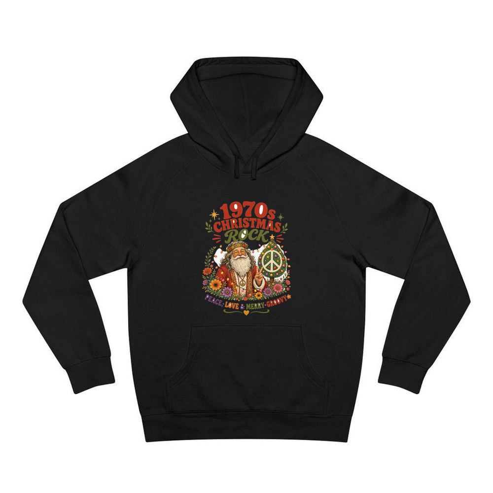 Groovy Seventies Hippie Santa personalised Christmas hoodie in black