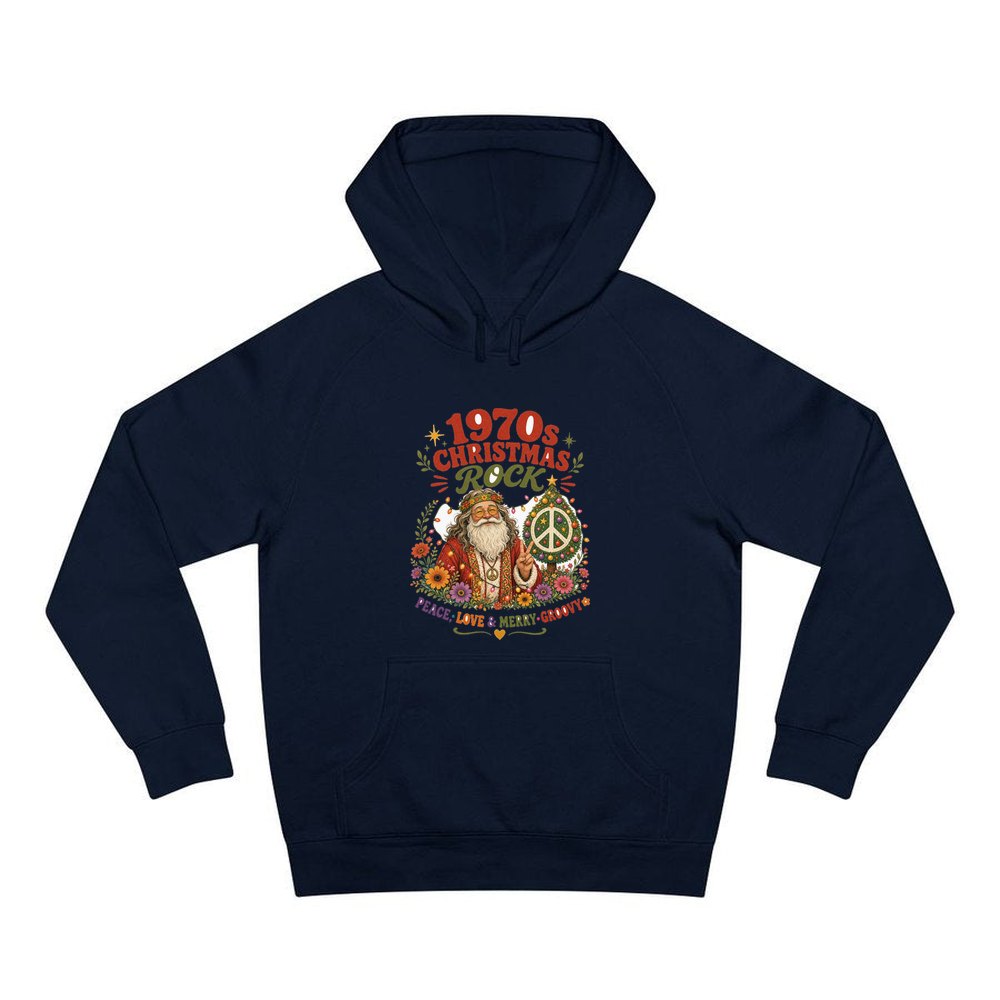Groovy Seventies Hippie Santa personalised Christmas hoodie in navy