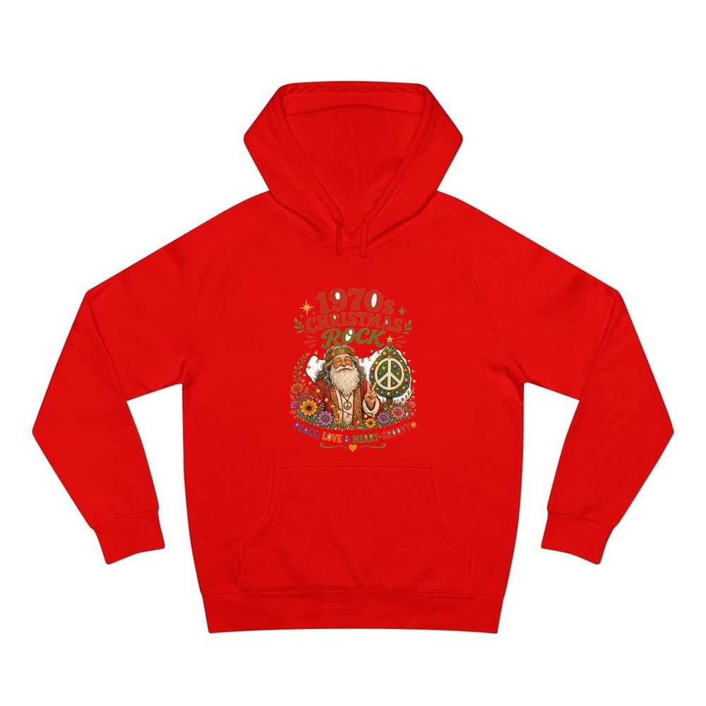 Groovy Seventies Hippie Santa personalised Christmas hoodie in red
