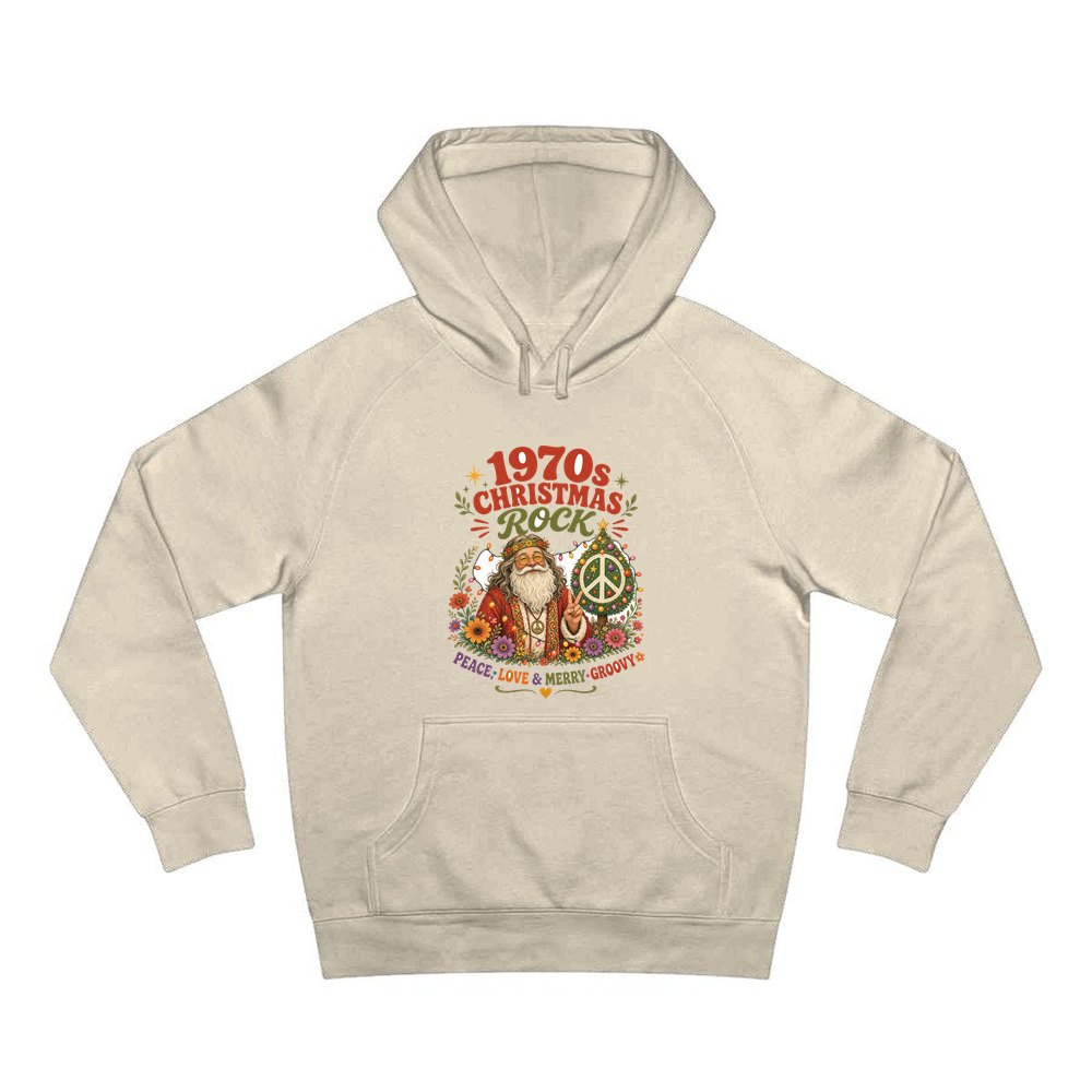 Groovy Seventies Hippie Santa personalised Christmas hoodie in sand