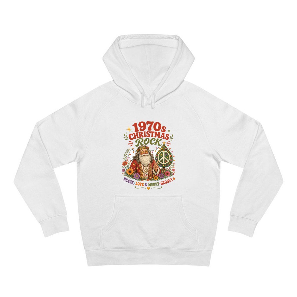 Groovy Seventies Hippie Santa personalised Christmas hoodie in white