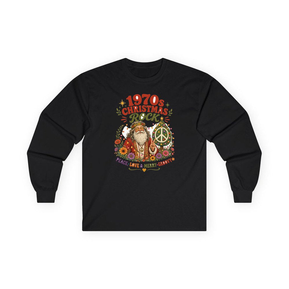Groovy Seventies Hippie Santa personalised long sleeve Christmas T-shirt in black