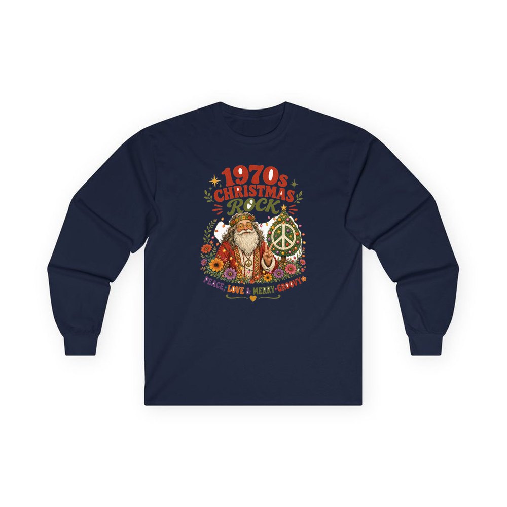 Groovy Seventies Hippie Santa personalised long sleeve Christmas T-shirt in navy