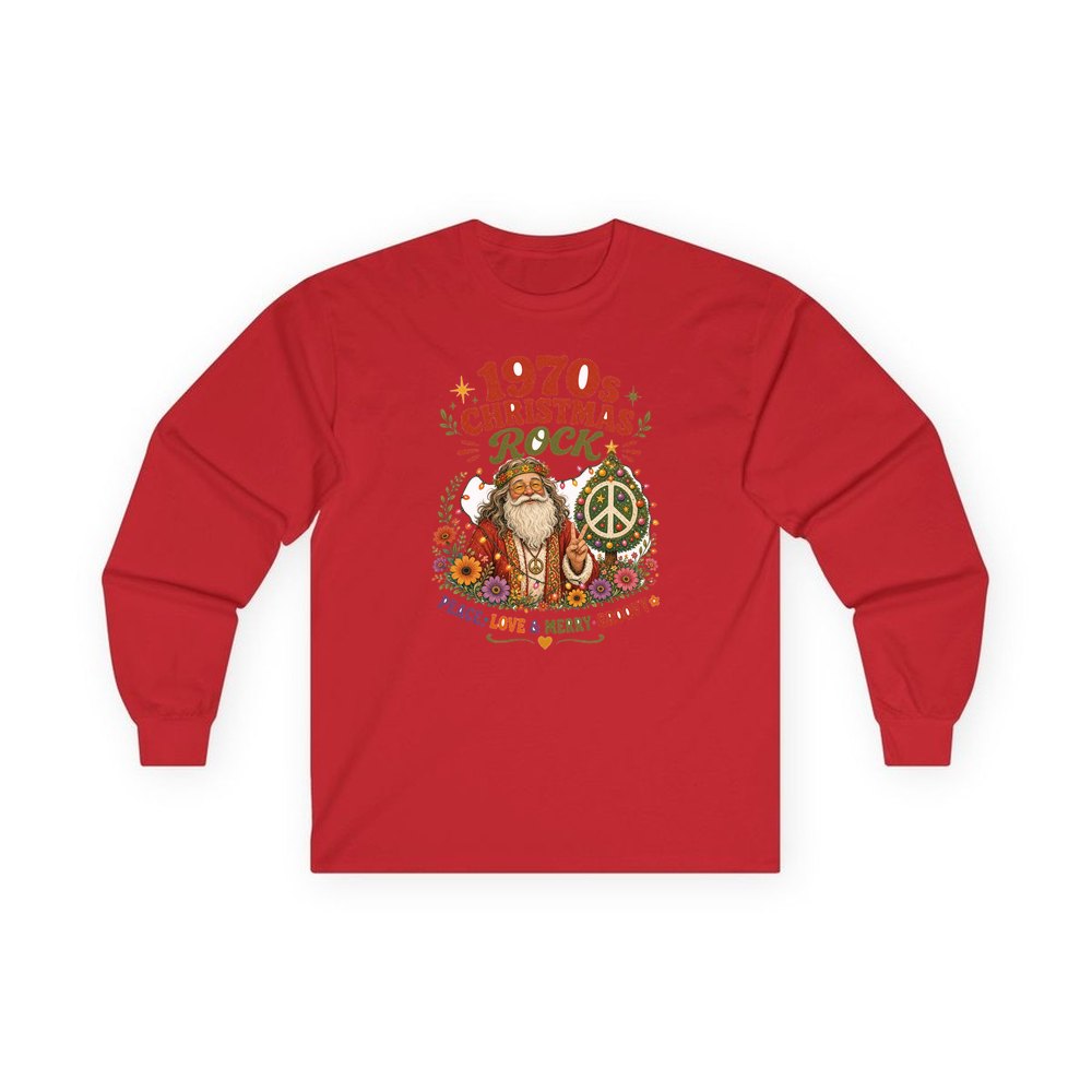 Groovy Seventies Hippie Santa personalised long sleeve Christmas T-shirt in red