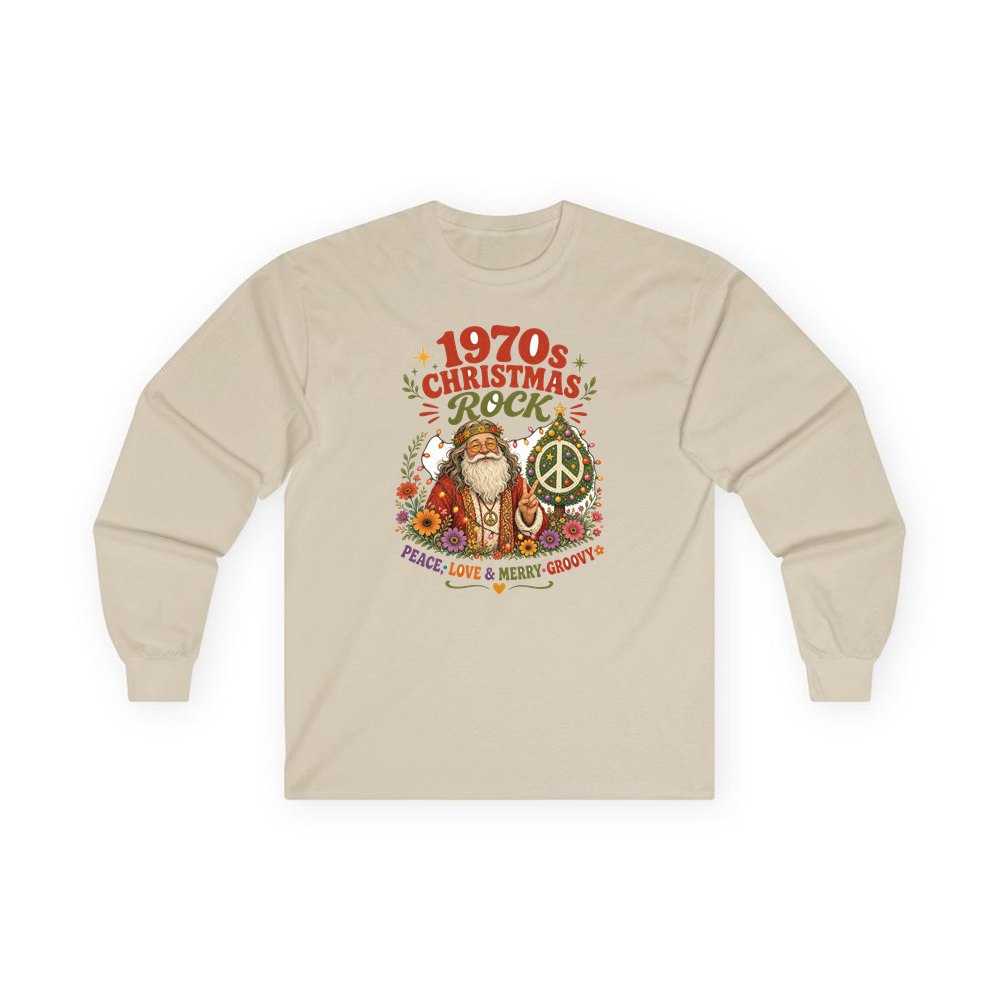 Groovy Seventies Hippie Santa personalised long sleeve Christmas T-shirt in sand