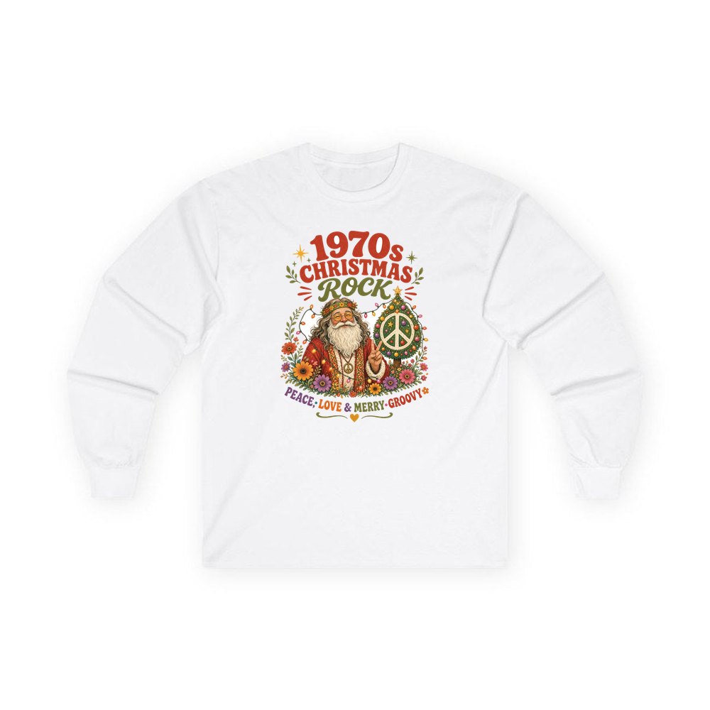 Groovy Seventies Hippie Santa personalised long sleeve Christmas T-shirt in white