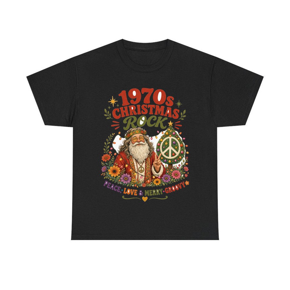 Groovy Seventies Hippie Santa personalised Christmas T-shirt in black