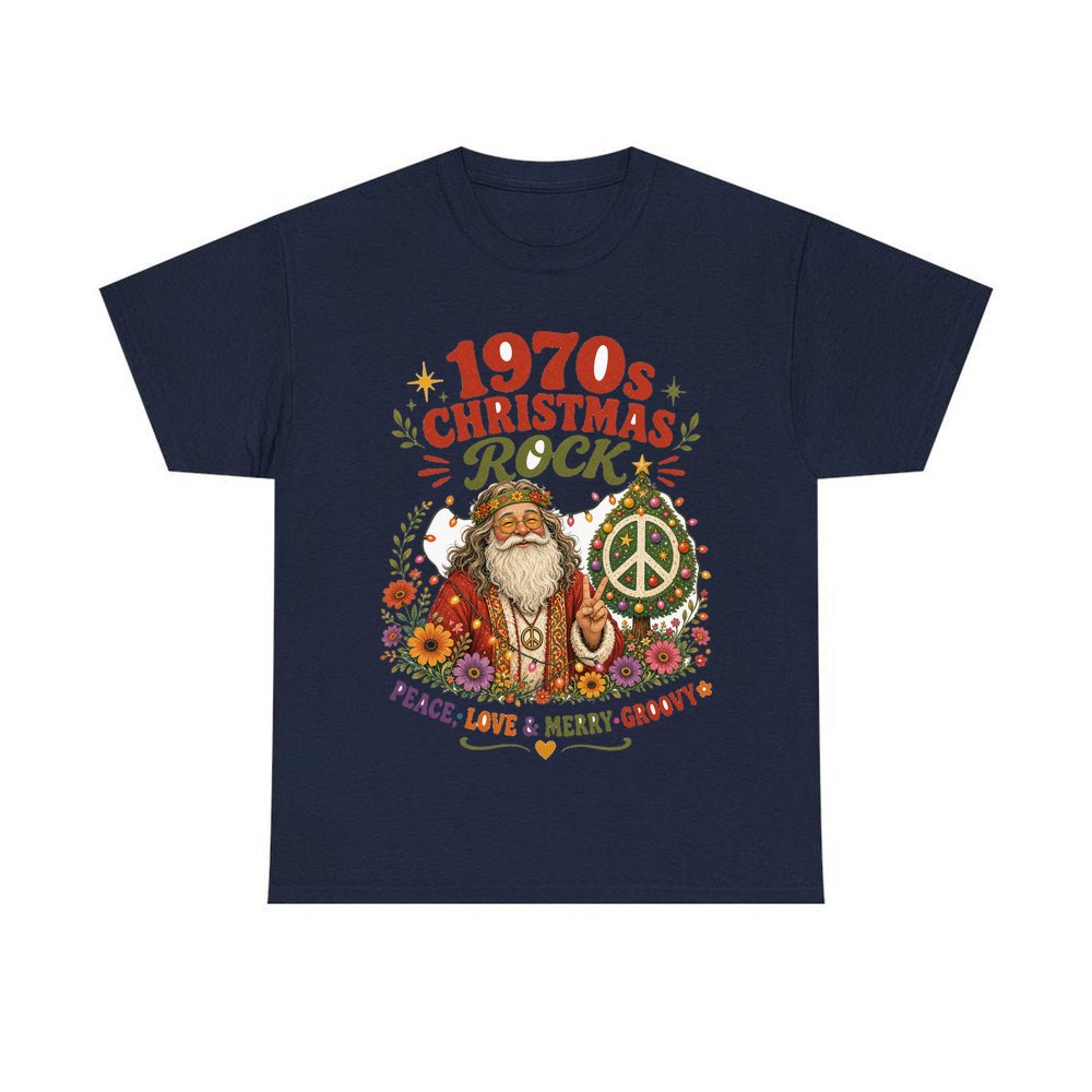 Groovy Seventies Hippie Santa personalised Christmas T-shirt in navy
