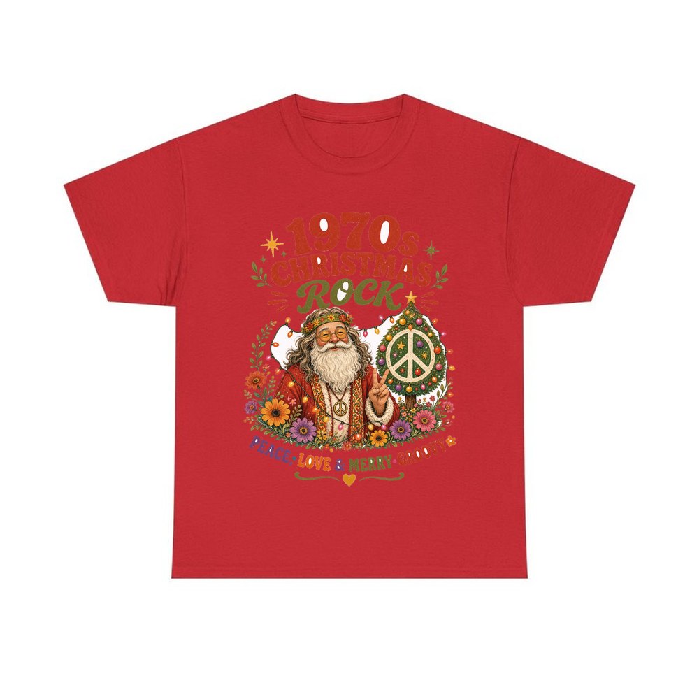 Groovy Seventies Hippie Santa personalised Christmas T-shirt in red