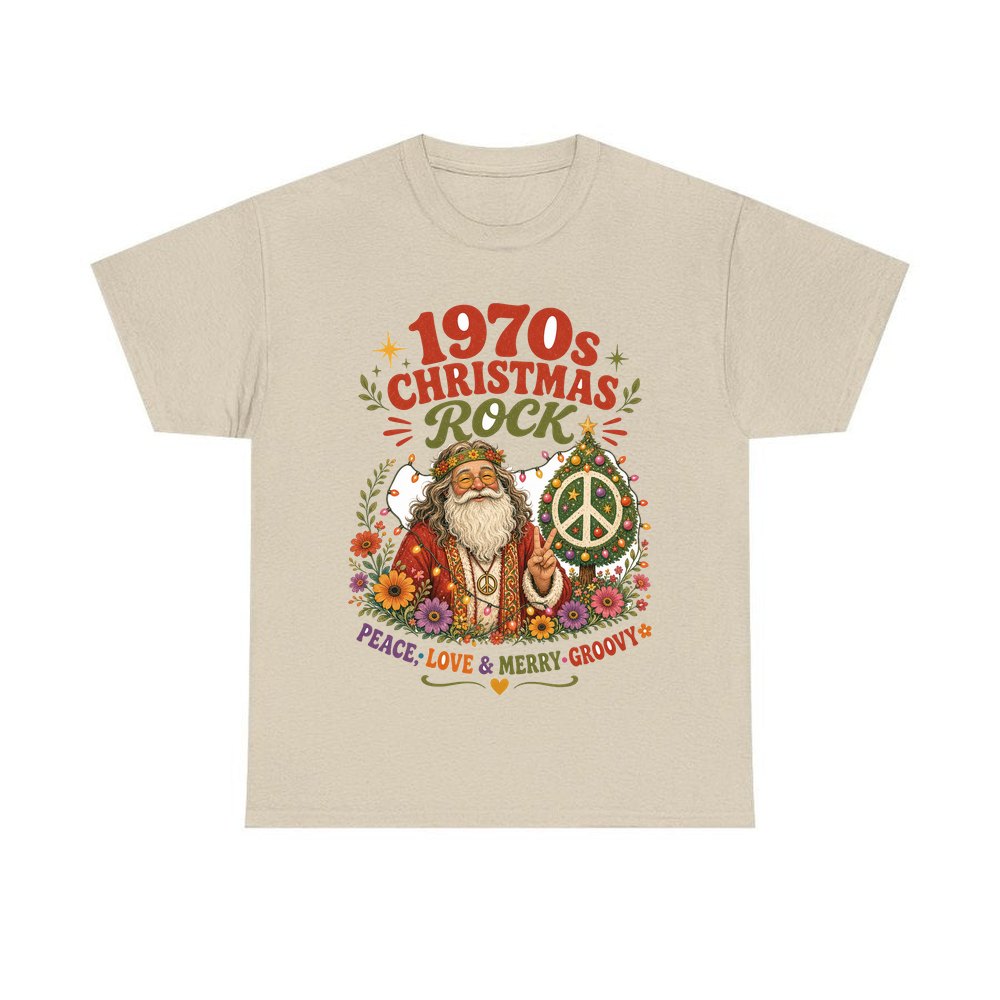 Groovy Seventies Hippie Santa personalised Christmas T-shirt in sand