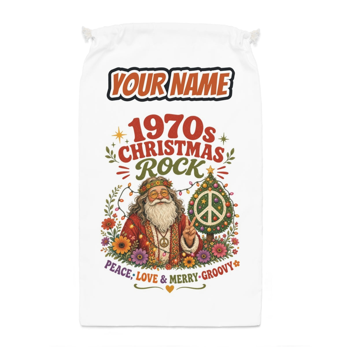 Groovy Seventies Hippie Santa Santa sack laid flat, showing the full print