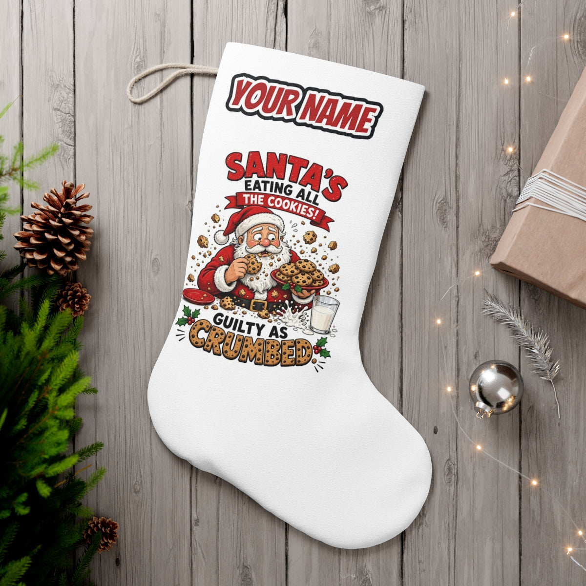 Guilty as Crumbed personalised Christmas stocking, white, with the name across the top