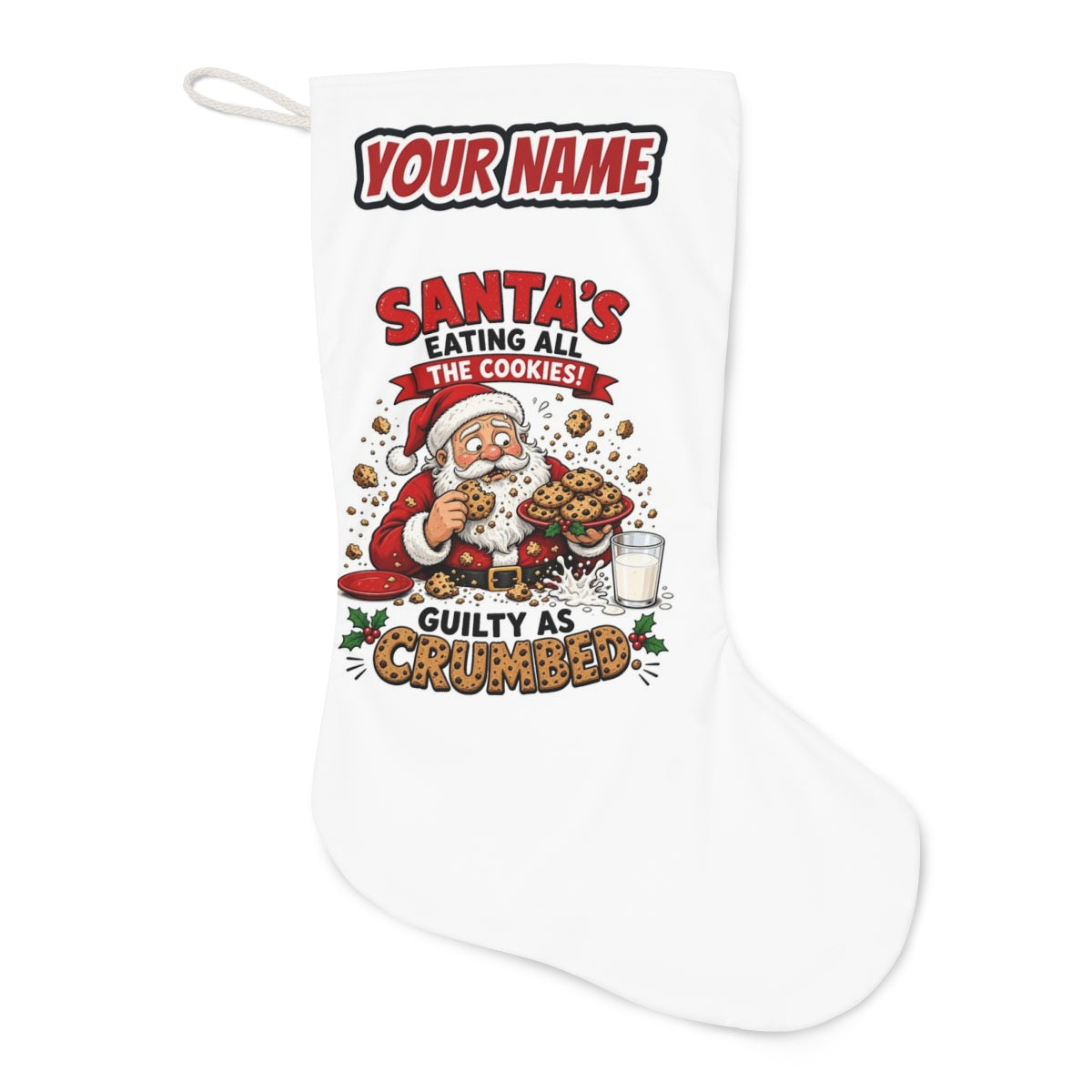 Guilty as Crumbed Christmas stocking laid flat, showing the full print