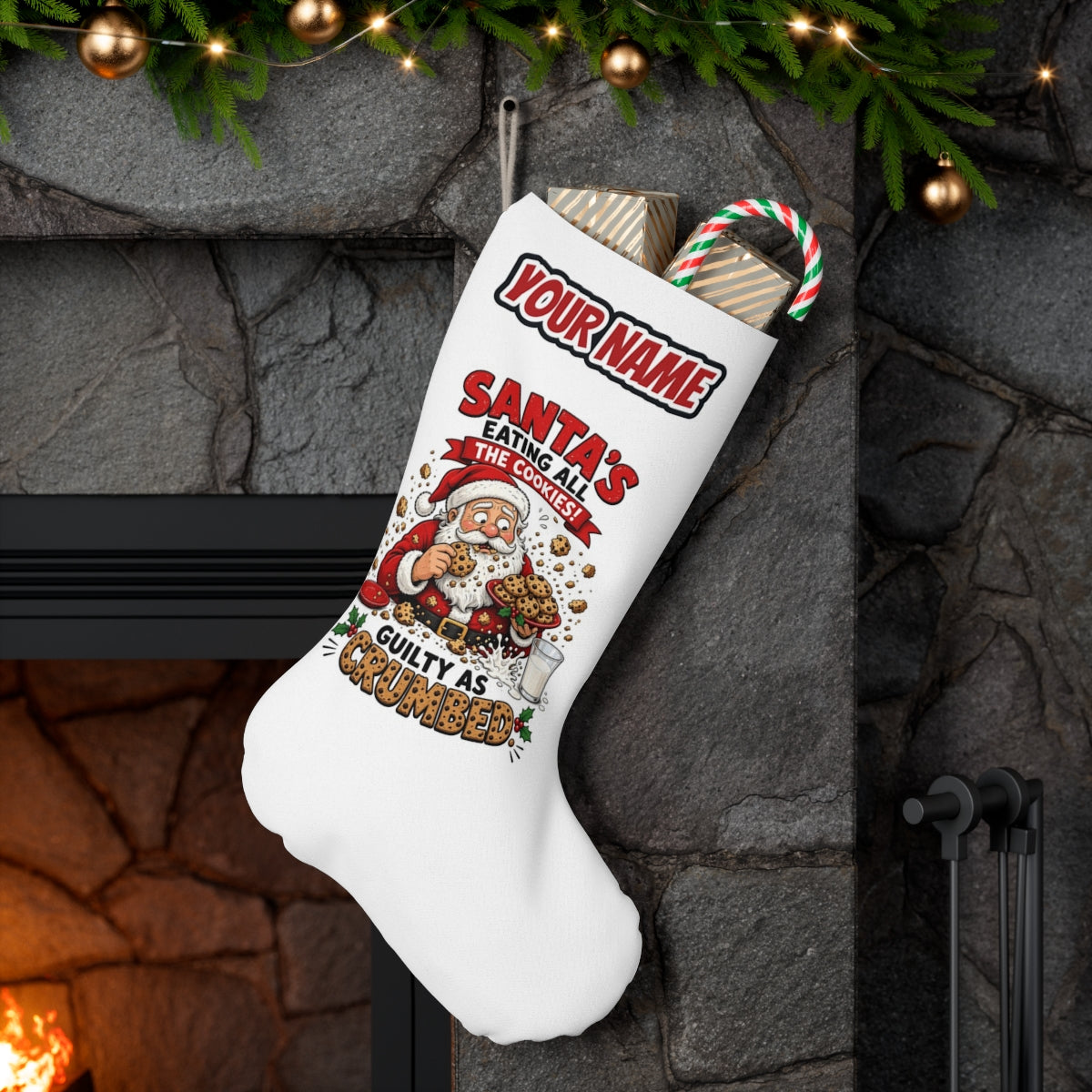 Guilty as Crumbed personalised Christmas stocking hanging on a mantel