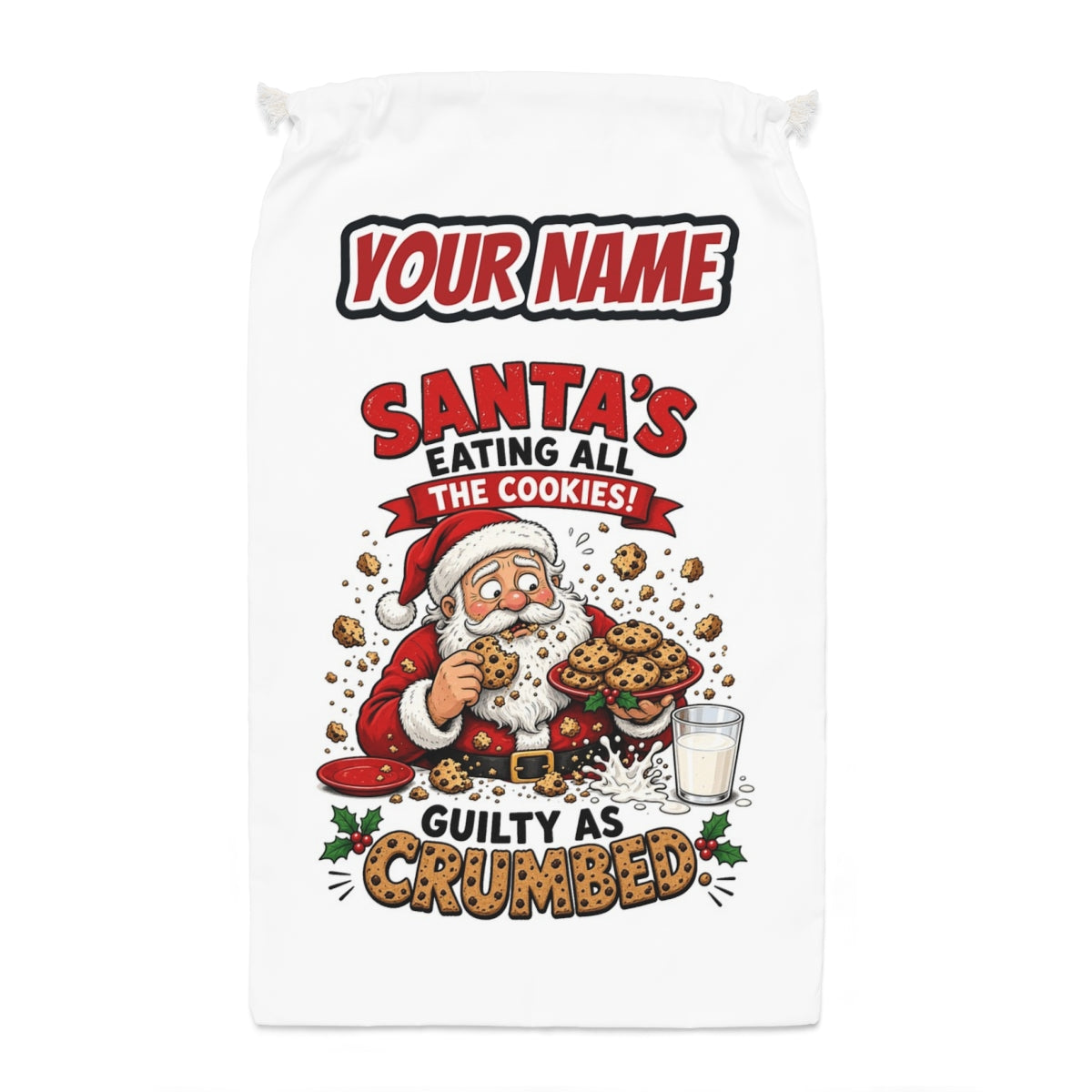 Guilty as Crumbed Santa sack laid flat, showing the full print