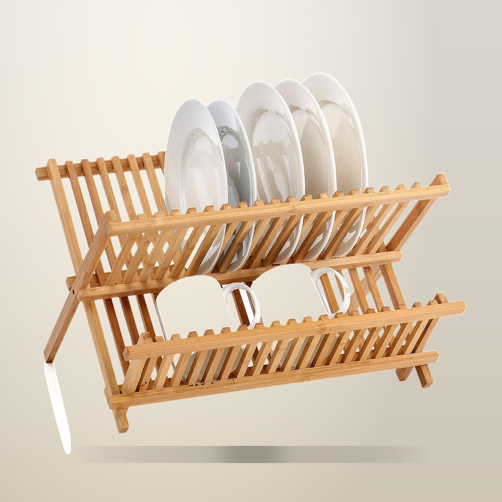 Hacienda 2 Tier Bamboo Dish Rack, on a plain cream background