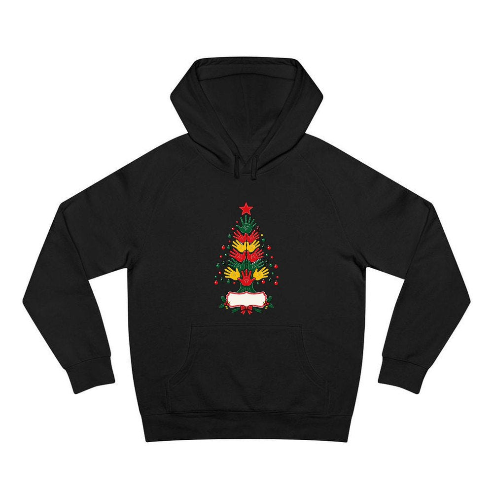 Handprint Christmas Tree personalised Christmas hoodie in black