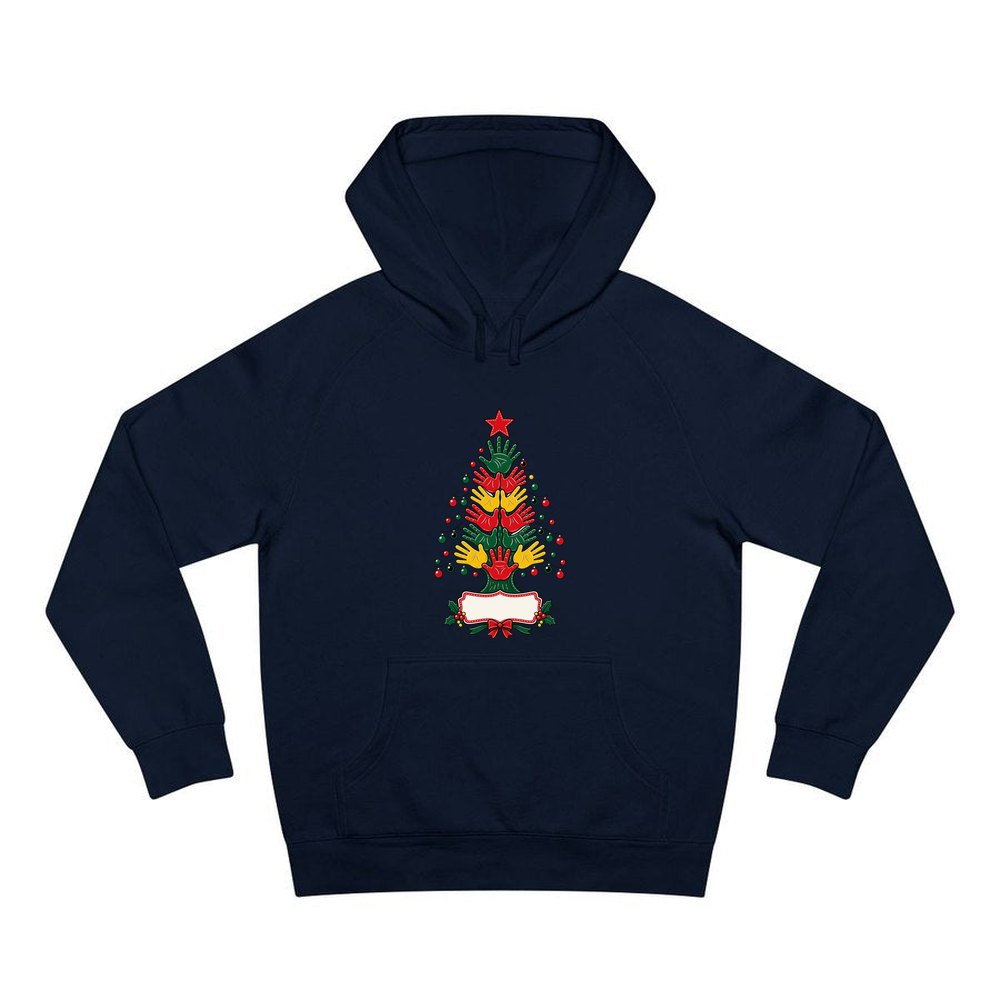 Handprint Christmas Tree personalised Christmas hoodie in navy